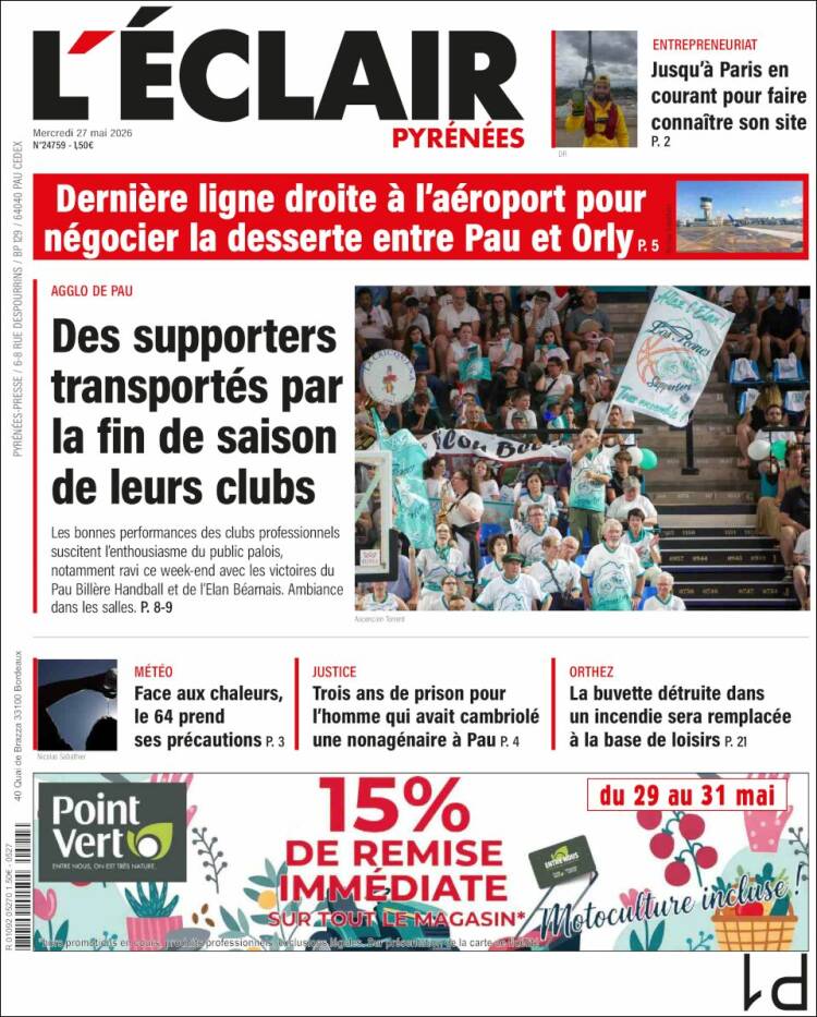 Portada de L'Eclair des Pyrénées (Francia)