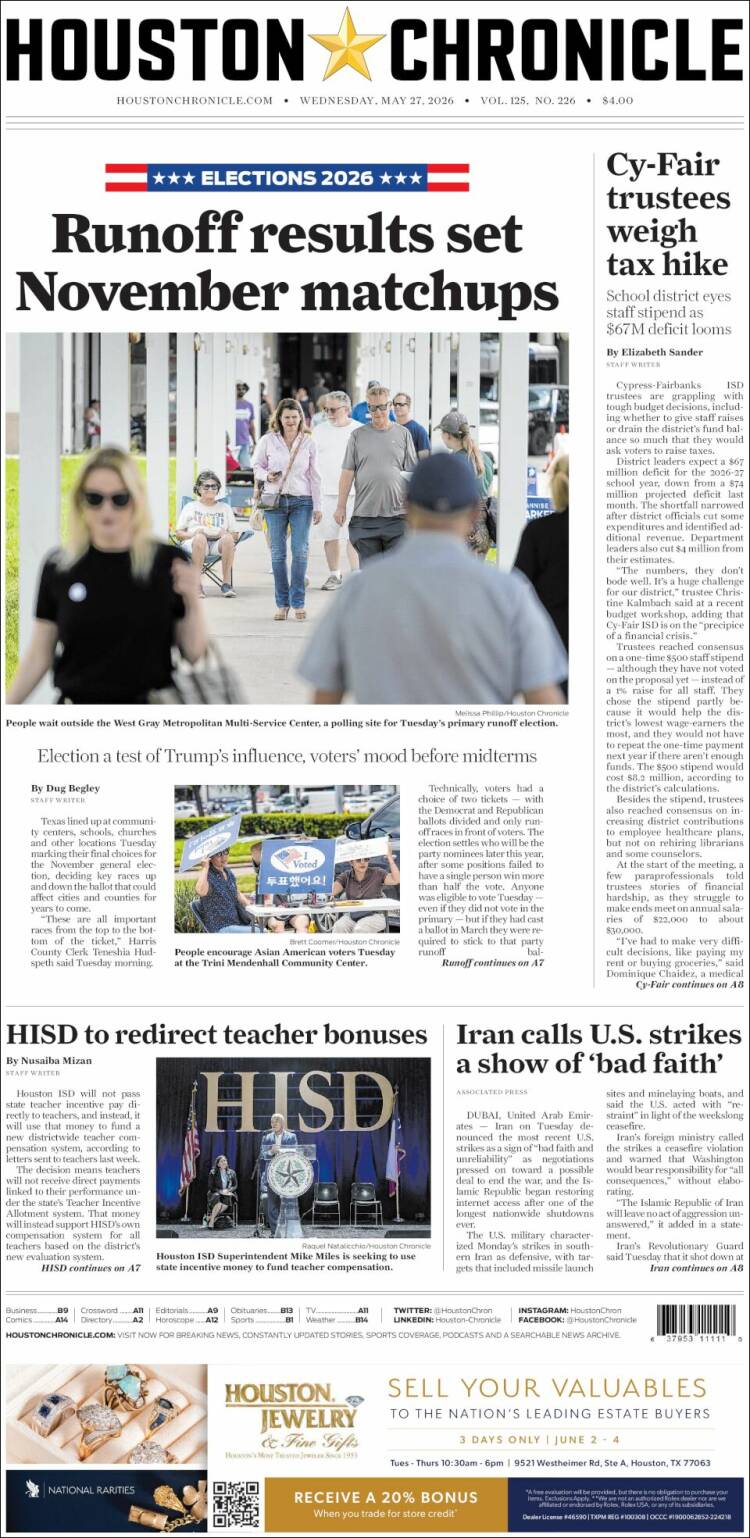 Portada de Houston Chronicle (USA)