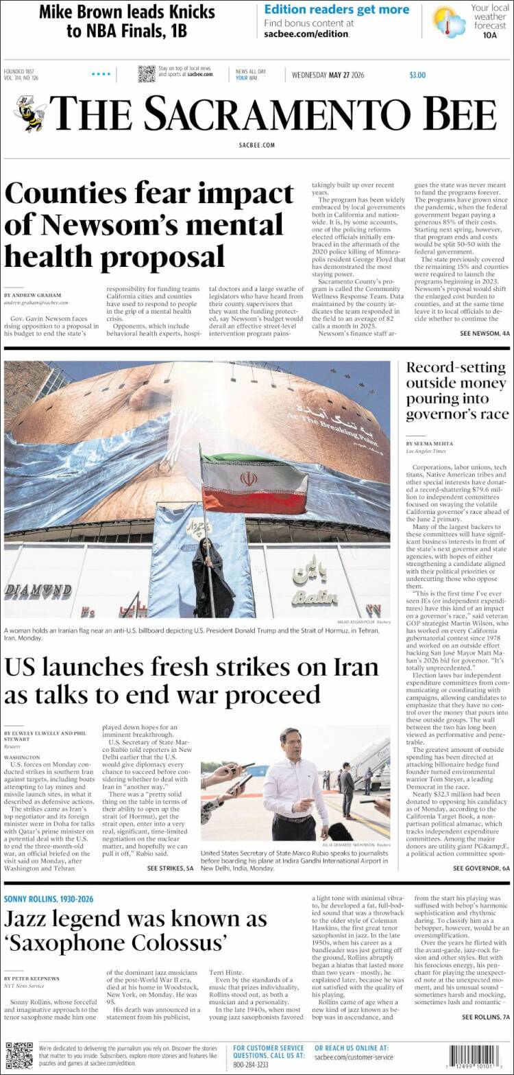 Portada de The Sacramento Bee (USA)
