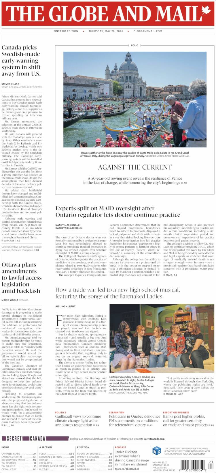 Portada de The Globe and Mail (Canadá)
