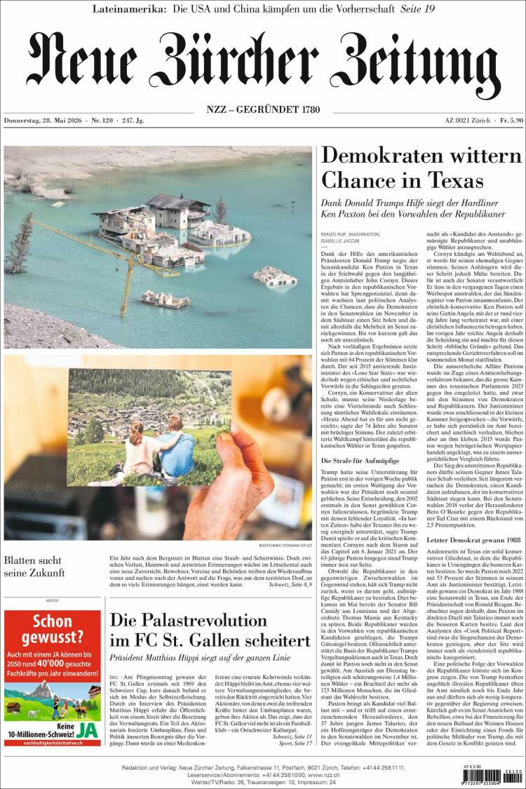 Portada de Neue Zürcher Zeitung (Suiza)