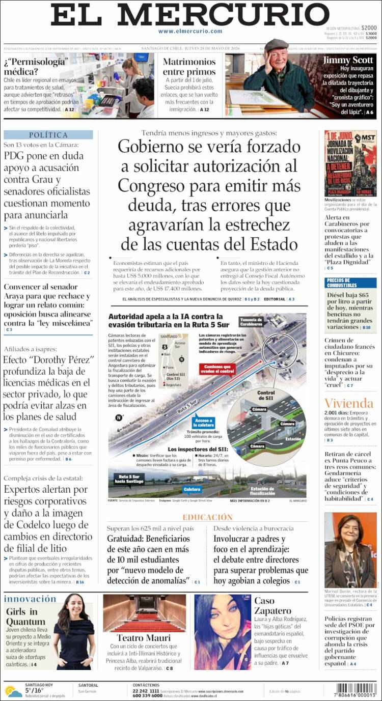 Portada de El Mercurio (Chile)