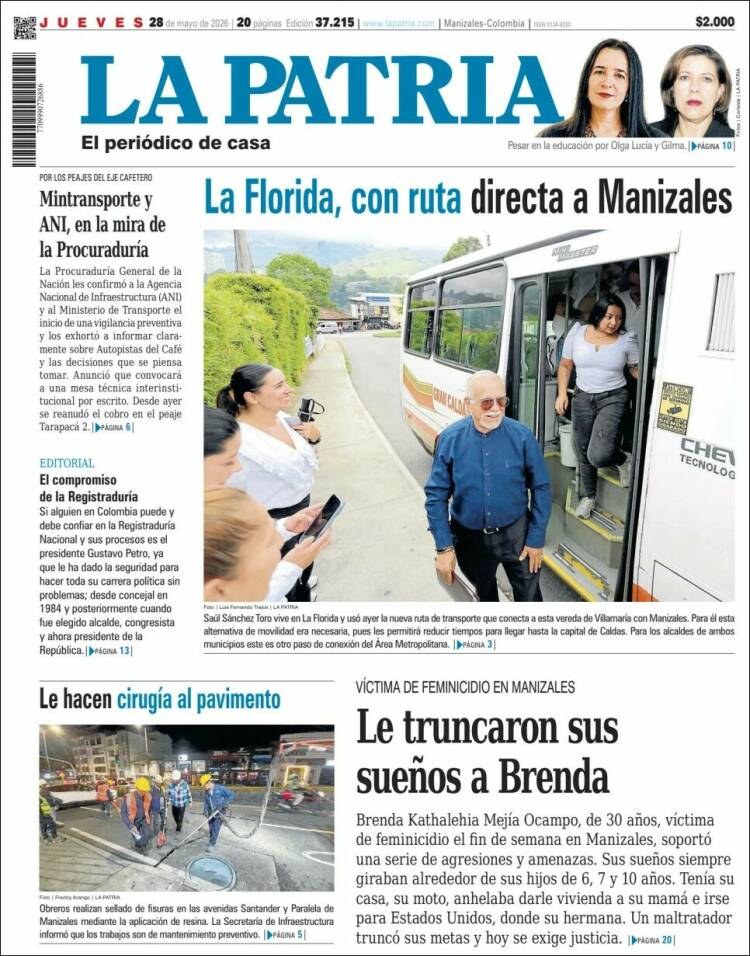Portada de La Patria (Colombia)
