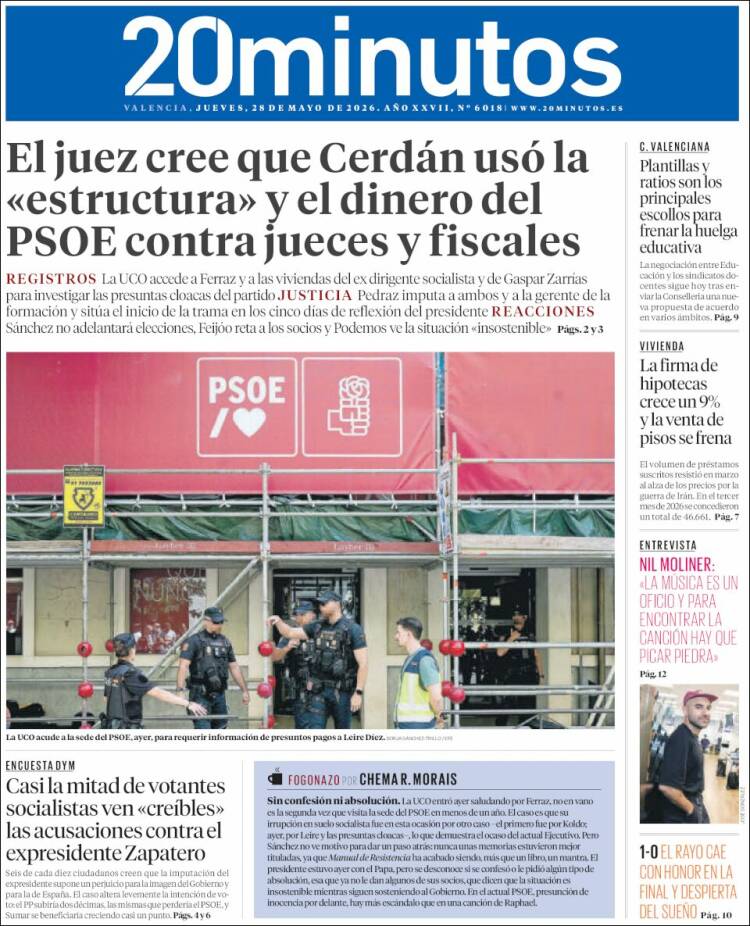 Portada de 20 Minutos - Valencia (España)