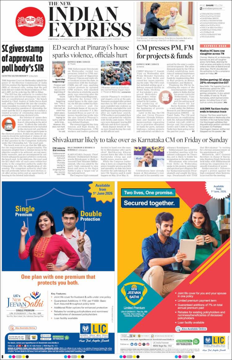 Portada de New Indian Express (India)