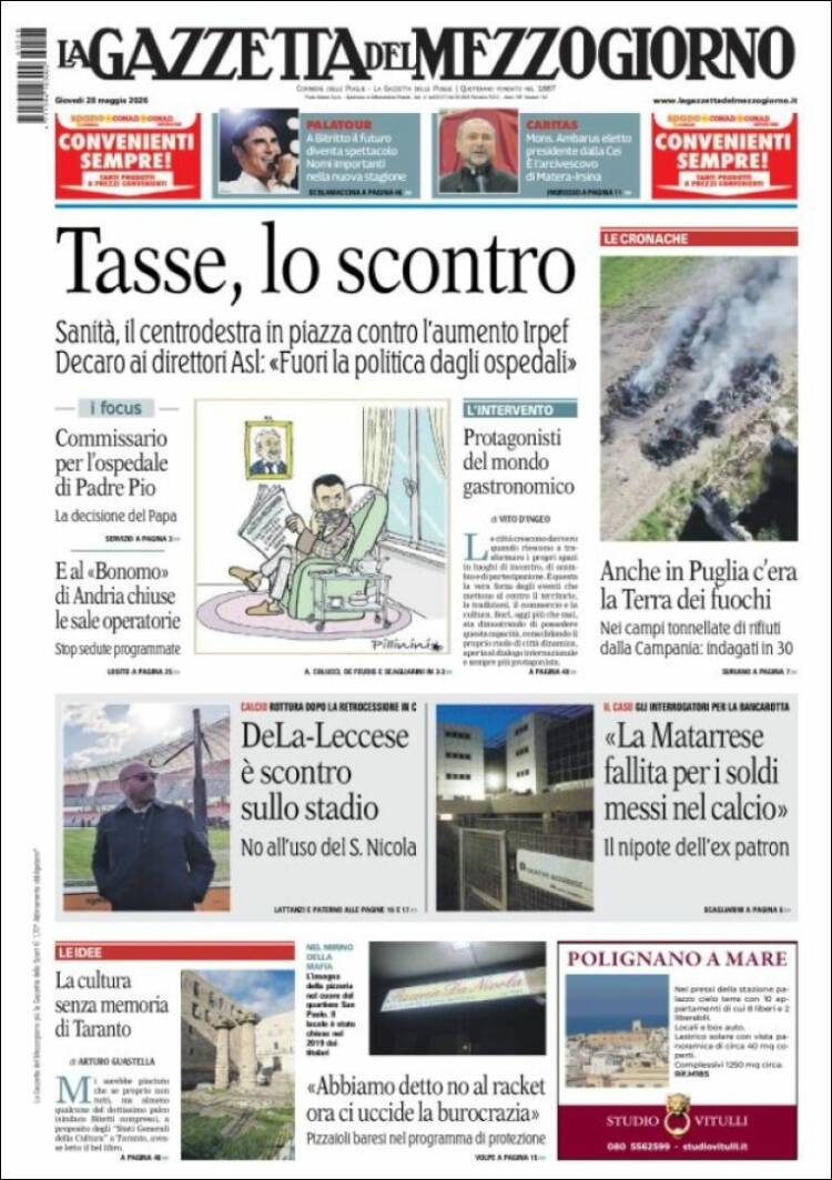 Portada de La Gazzetta del Mezzogiorno (Italia)