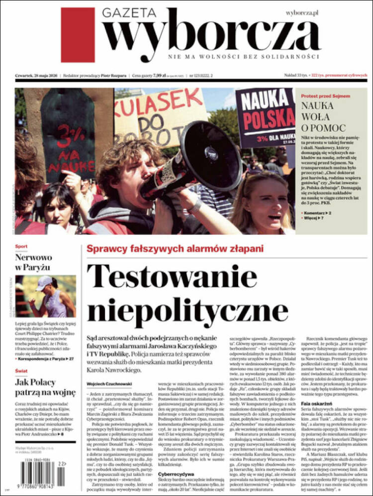 Portada de Gazeta Wyborcza (Polonia)