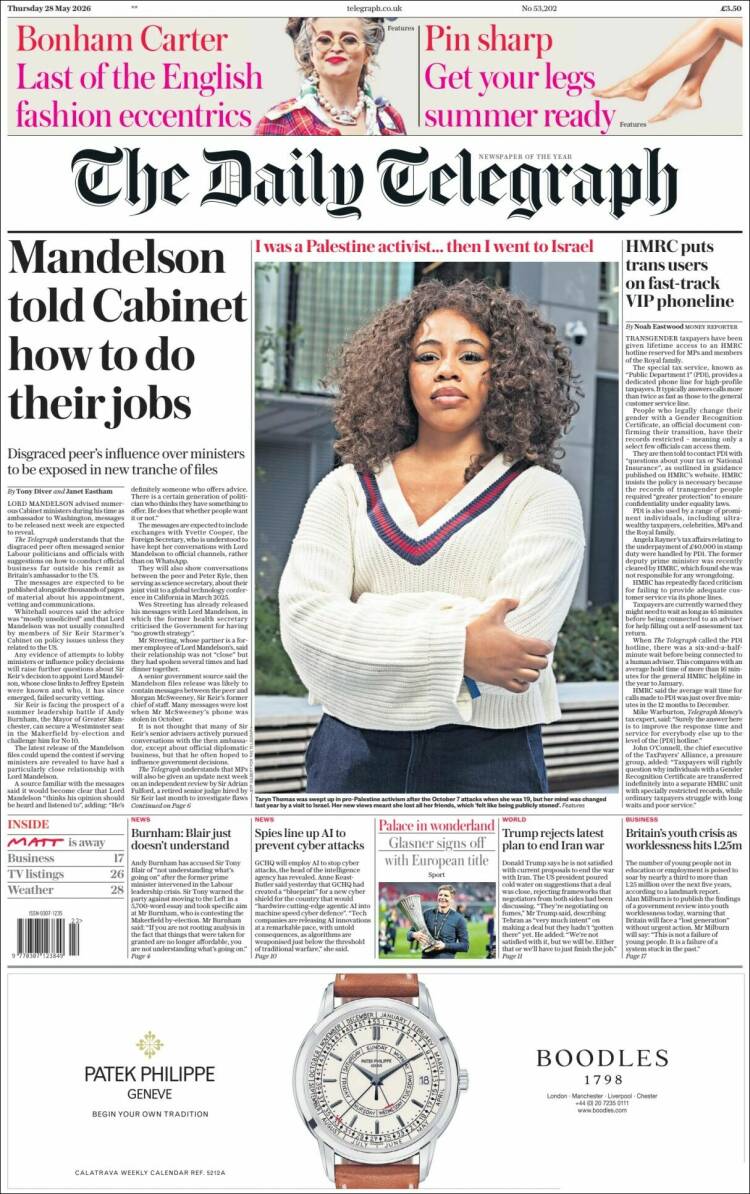 Portada de Daily Telegraph (Reino Unido)