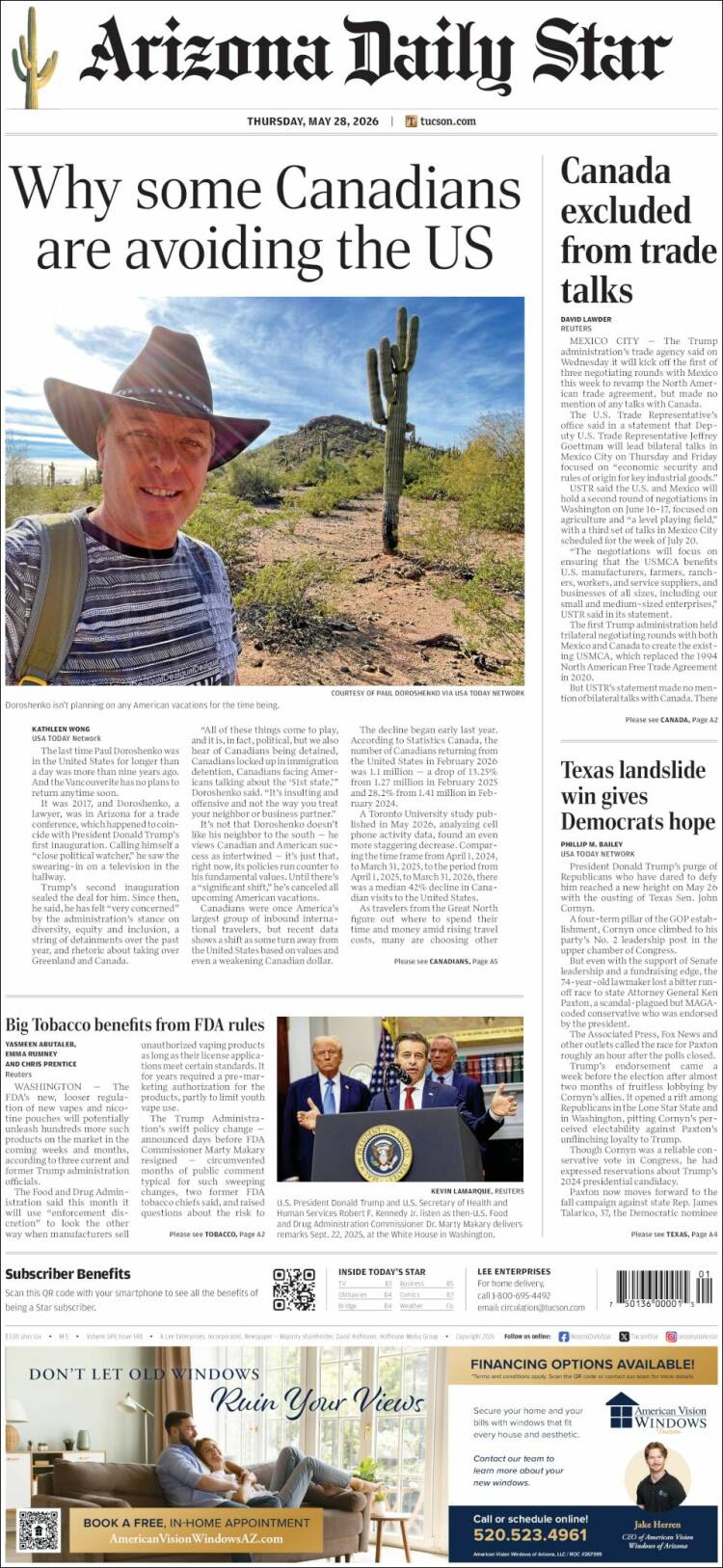 Portada de Arizona Daily Star (USA)