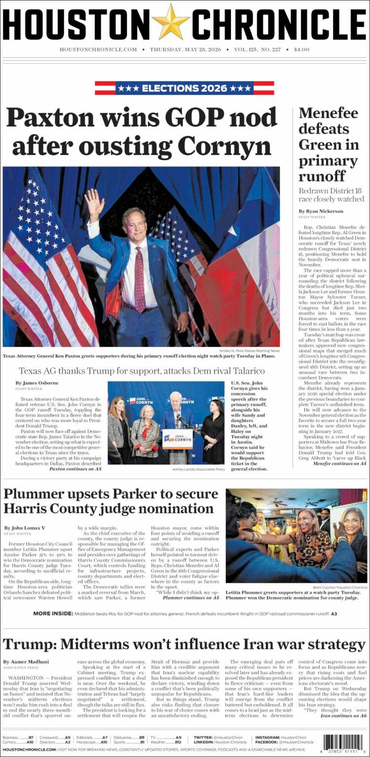 Portada de Houston Chronicle (USA)
