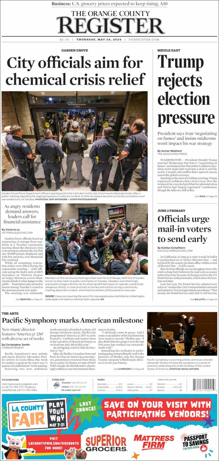 Portada de The Orange County Register (USA)