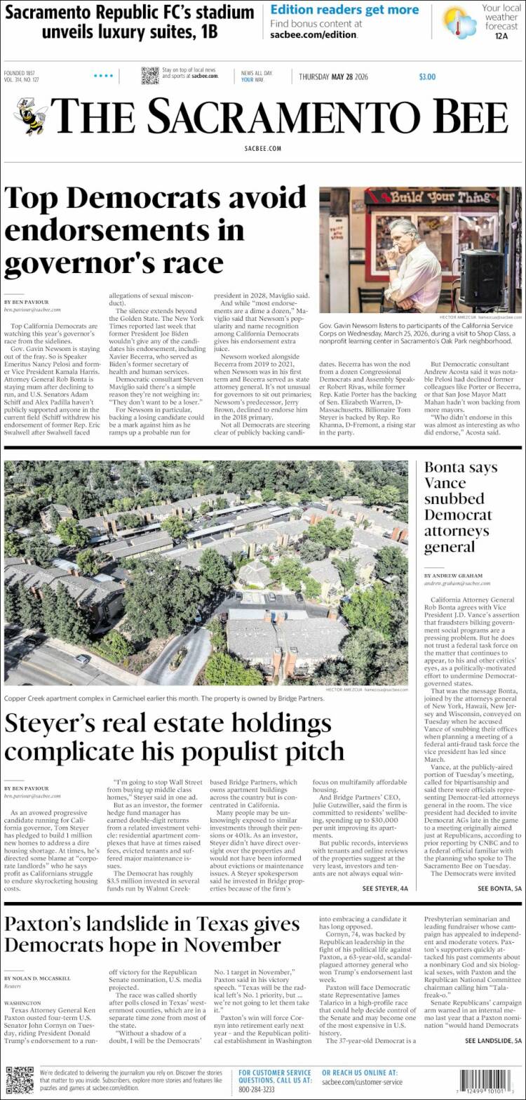 Portada de The Sacramento Bee (USA)