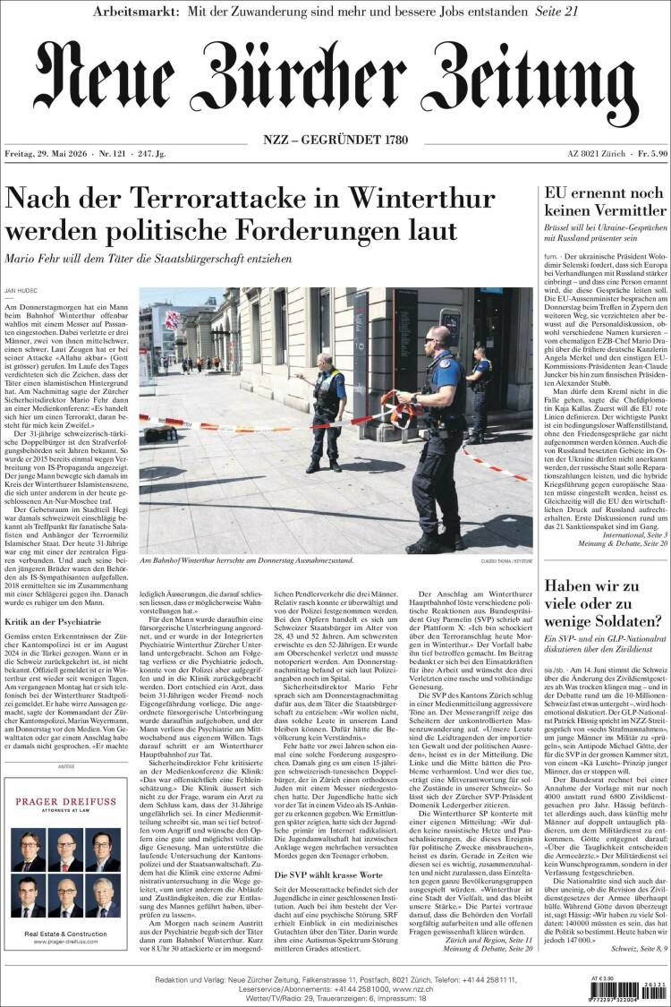 Portada de Neue Zürcher Zeitung (Suiza)