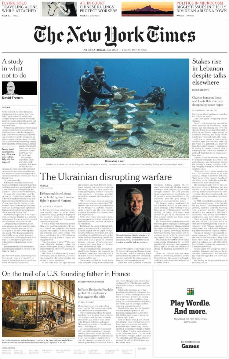 Portada de International New York Times (Europa)