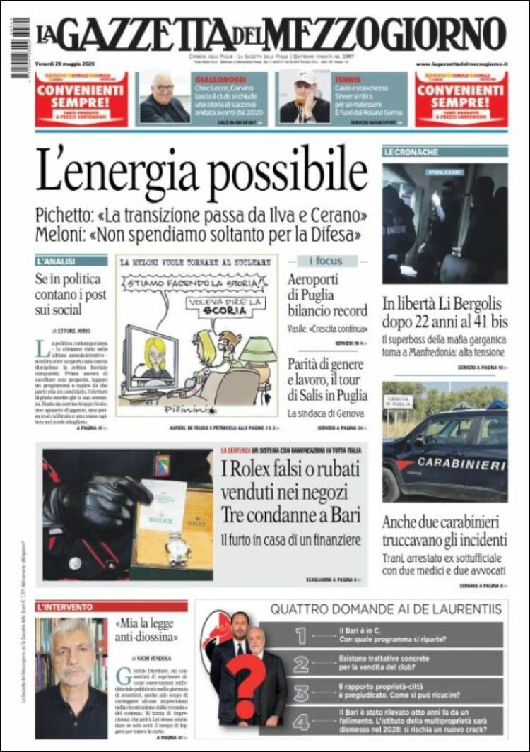 Portada de La Gazzetta del Mezzogiorno (Italia)