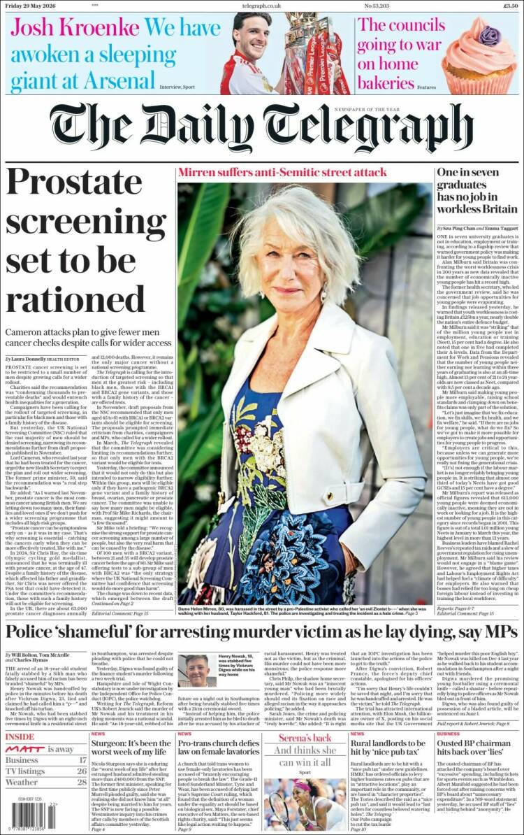 Portada de Daily Telegraph (Reino Unido)