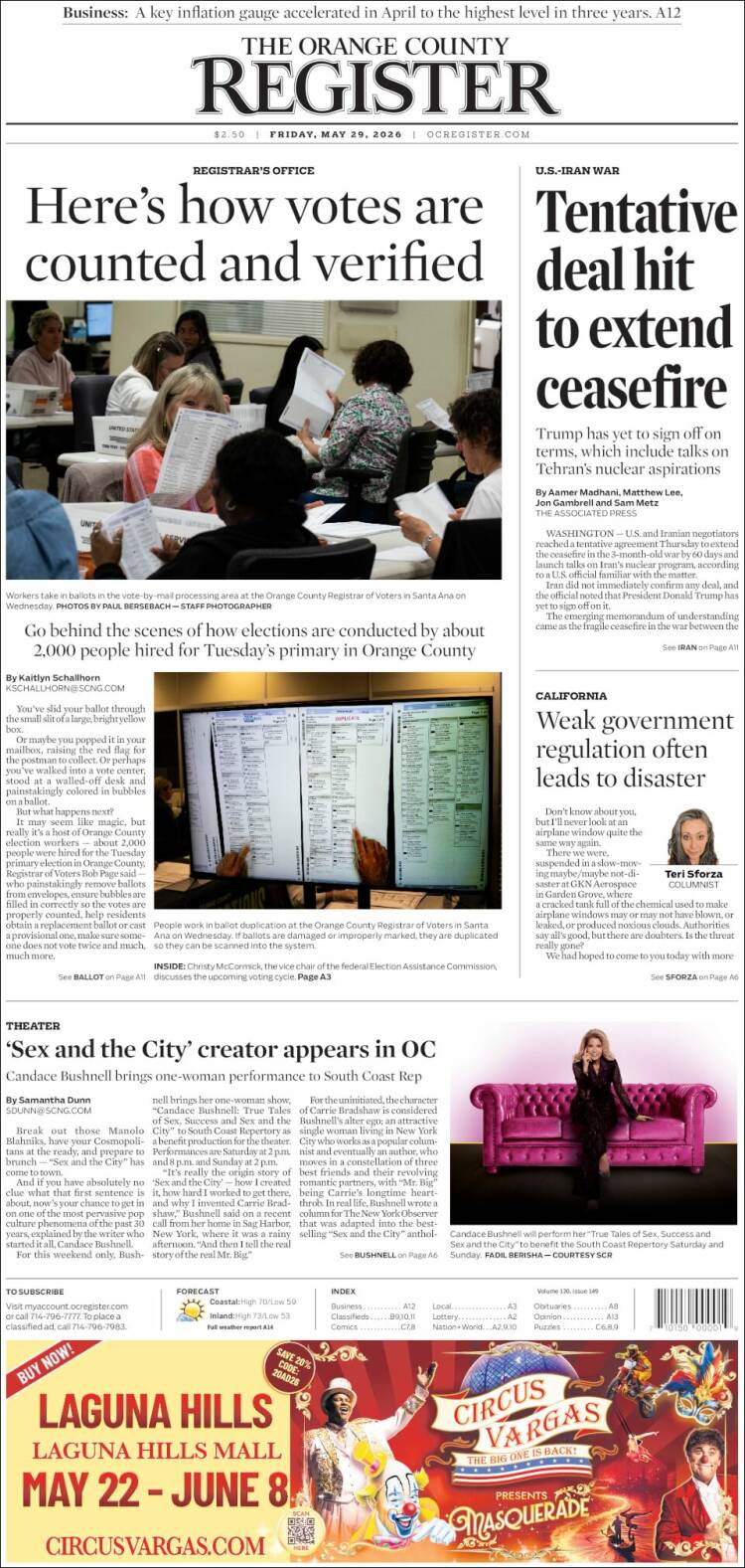 Portada de The Orange County Register (USA)