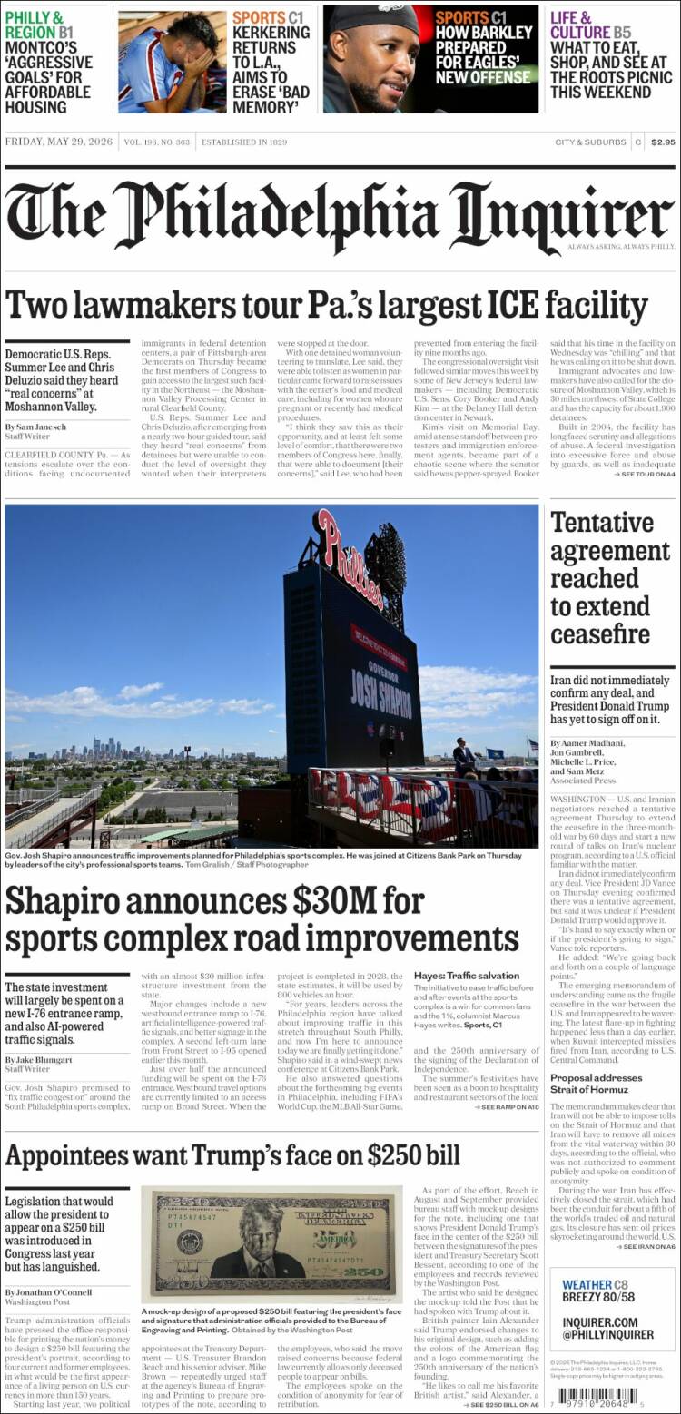 Portada de Philadelphia Inquirer (USA)
