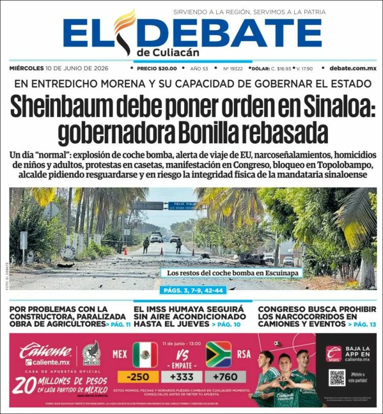 Portada de El Debate de Culiacán (México)