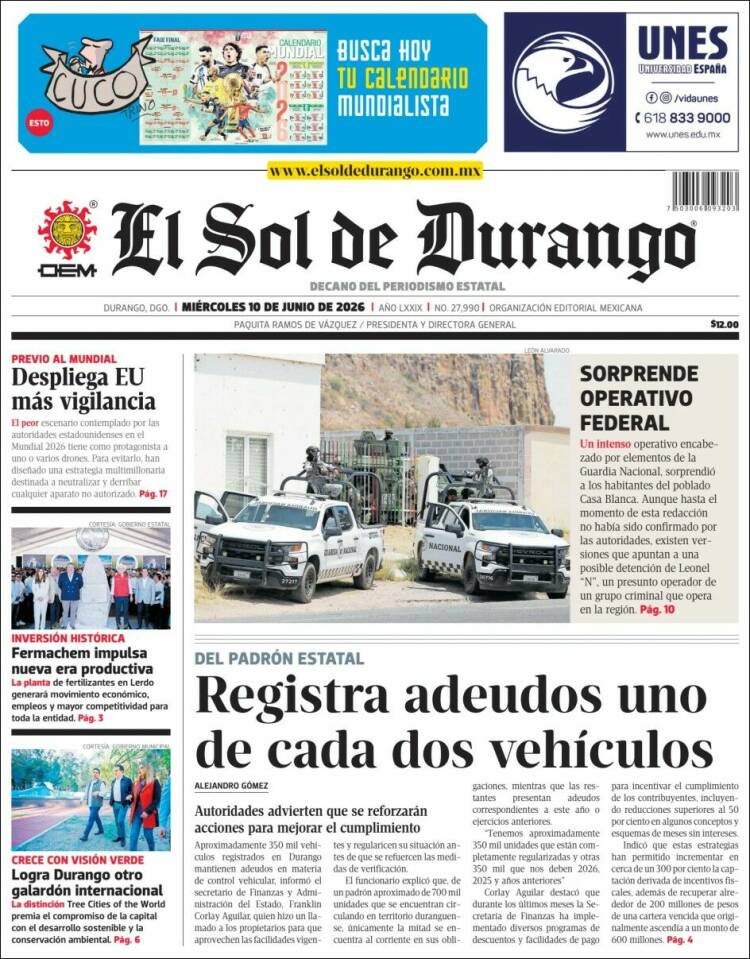 Portada de El Sol de Durango (México)
