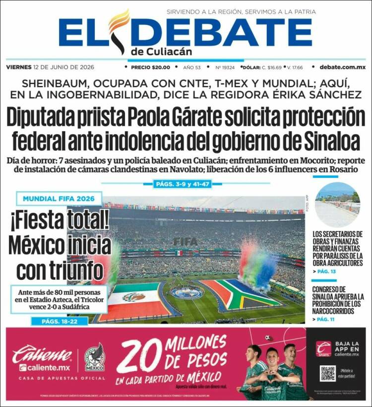 Portada de El Debate de Culiacán (México)
