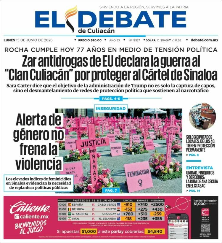 Portada de El Debate de Culiacán (México)