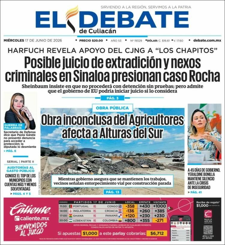 Portada de El Debate de Culiacán (México)