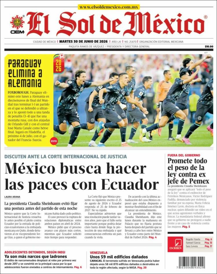 Portada de El Sol de México (México)