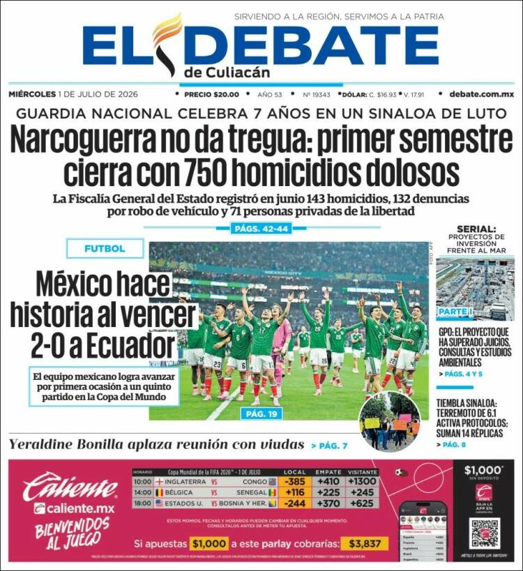 Portada de El Debate de Culiacán (México)