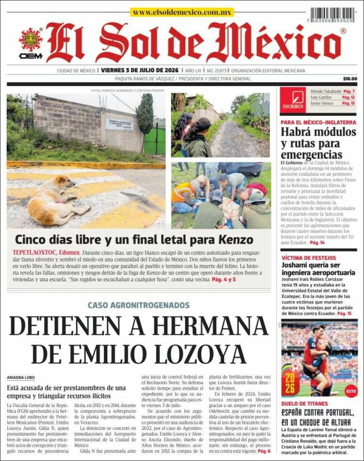 Portada de El Sol de México (México)