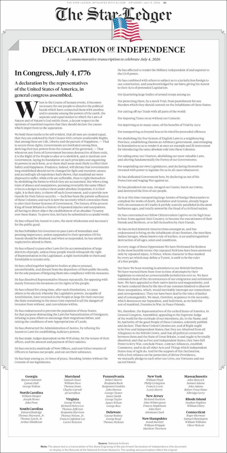 Portada de Star-Ledger (USA)