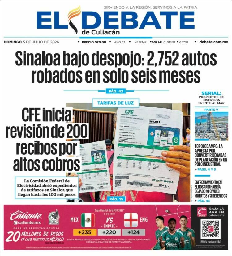Portada de El Debate de Culiacán (Mexico)
