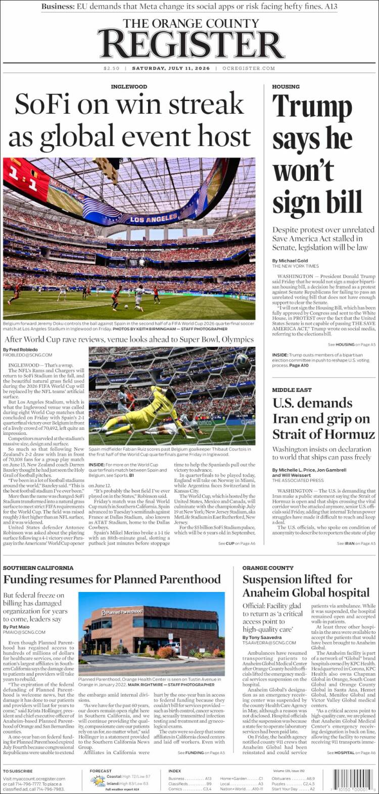Portada de The Orange County Register (USA)