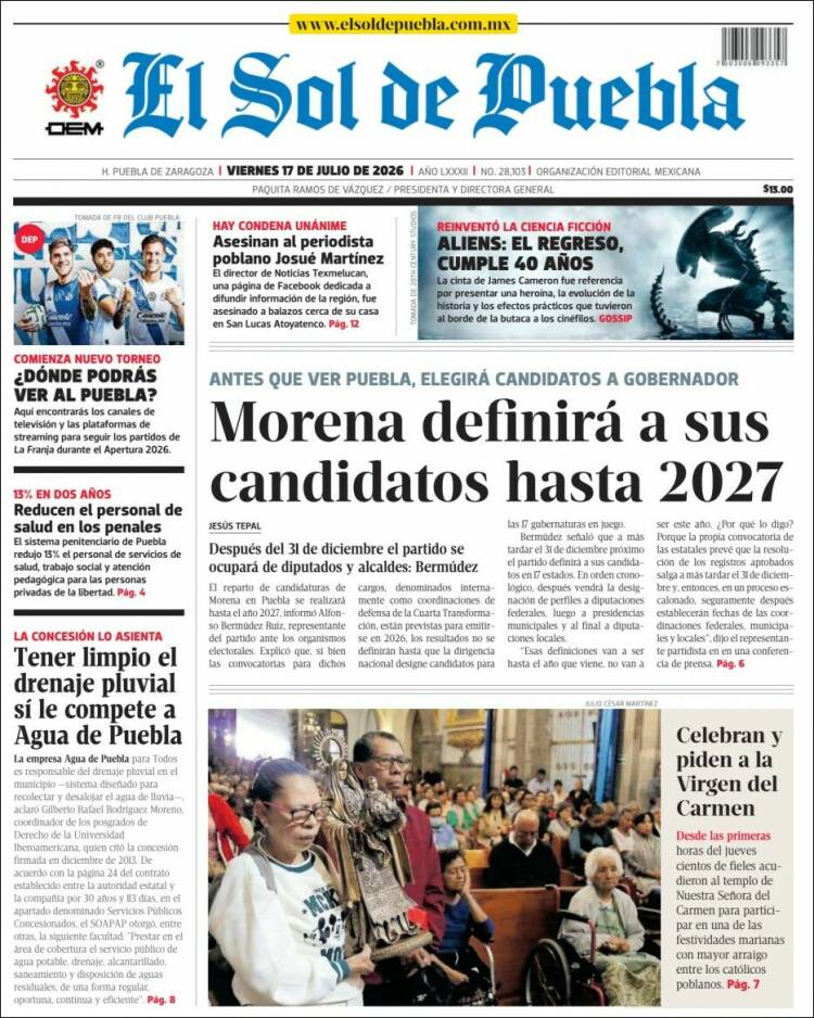 Portada de El Sol de Puebla (México)