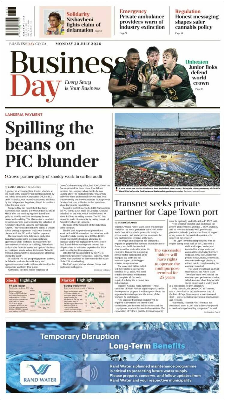 Portada de Business Day (South Africa)