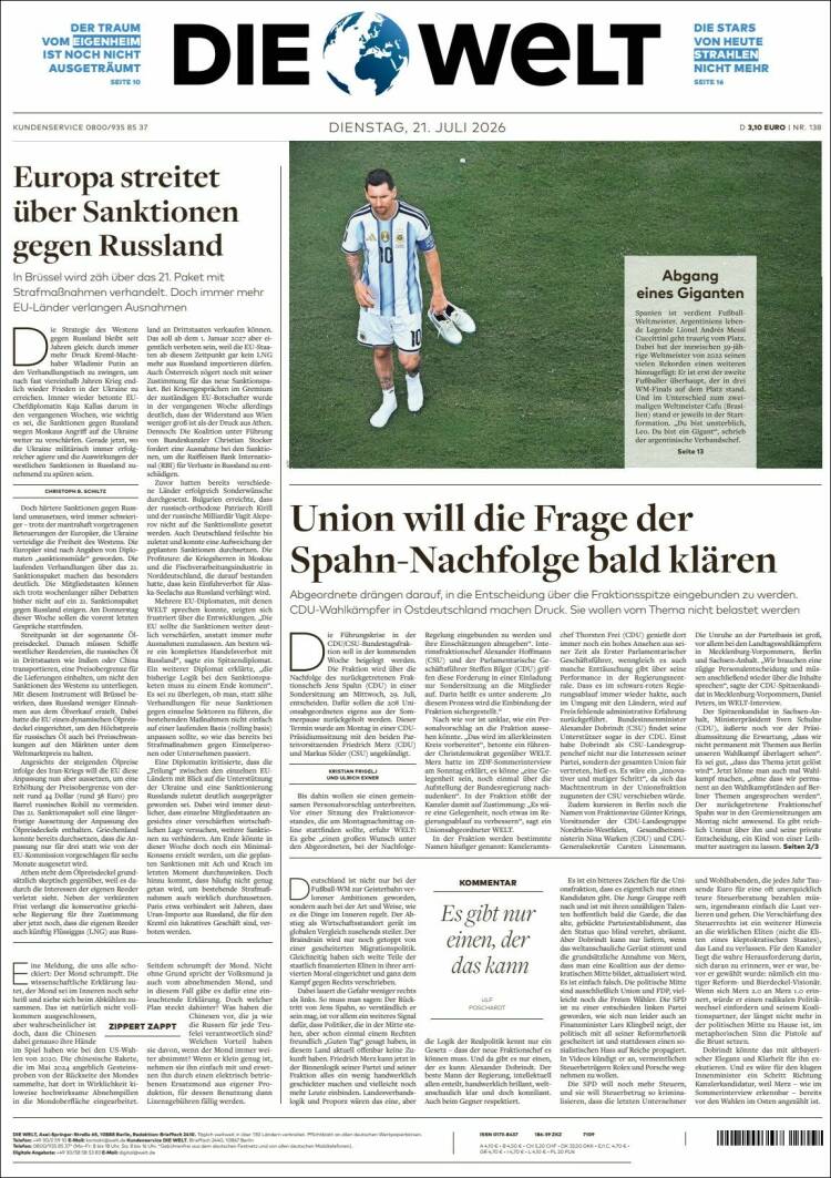 Portada de Die Welt (Germany)