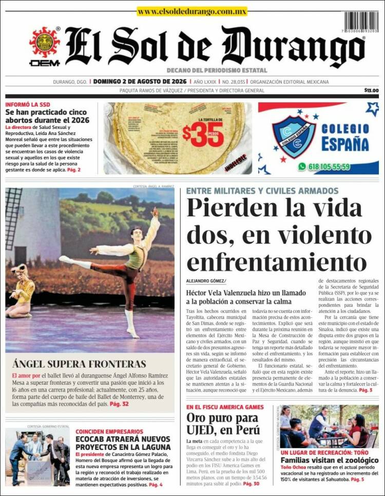 Portada de El Sol de Durango (México)