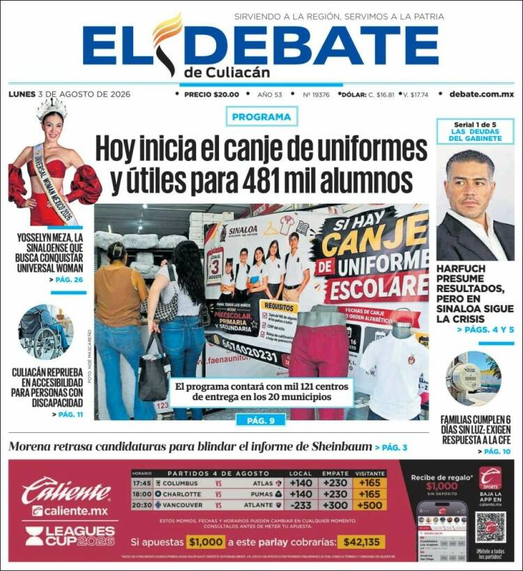 Portada de El Debate de Culiacán (México)