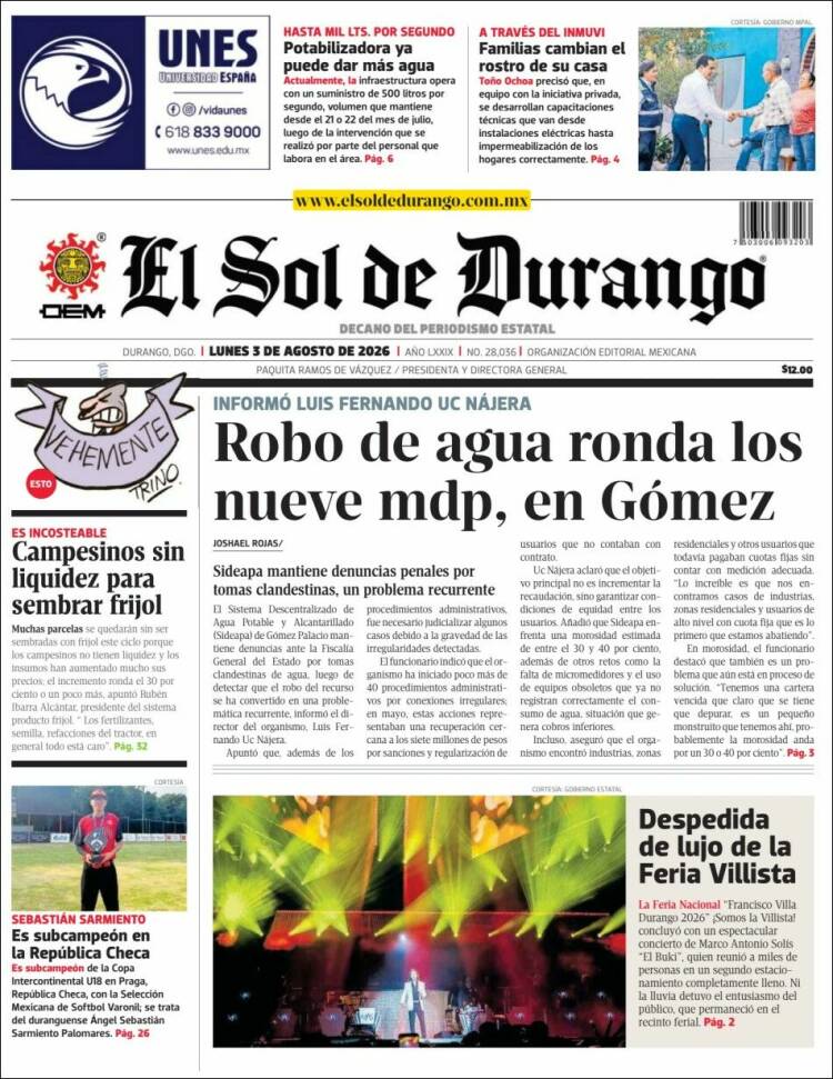 Portada de El Sol de Durango (México)