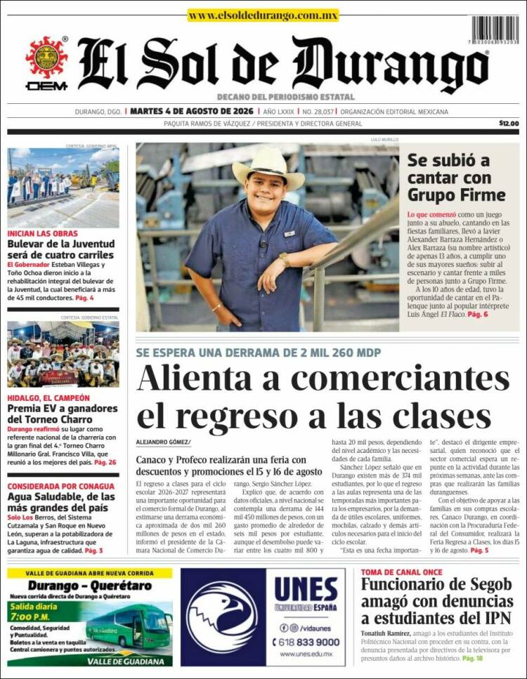 Portada de El Sol de Durango (México)