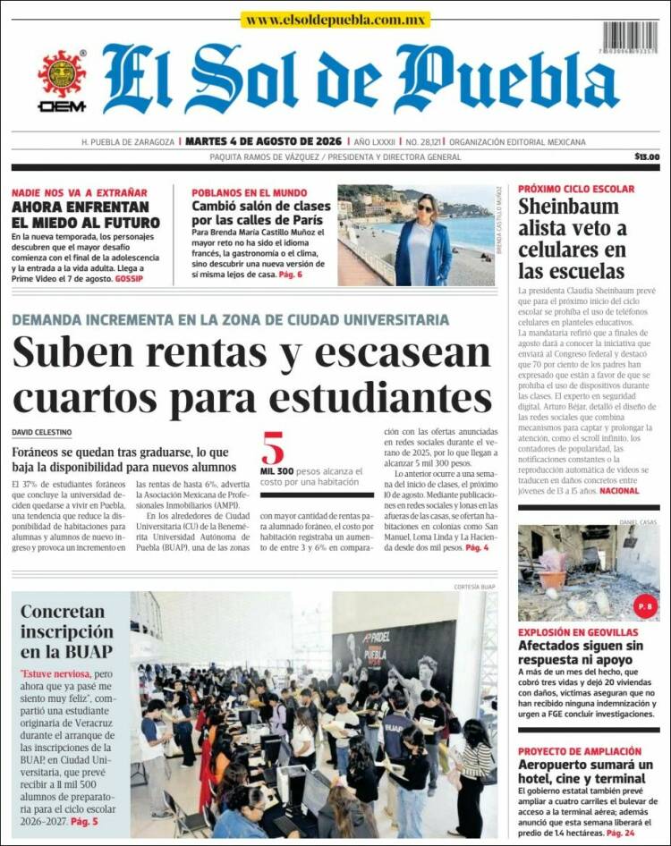 Portada de El Sol de Puebla (México)