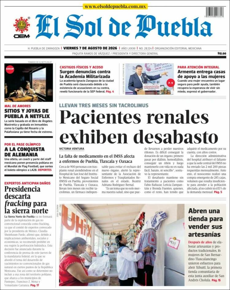Portada de El Sol de Puebla (México)