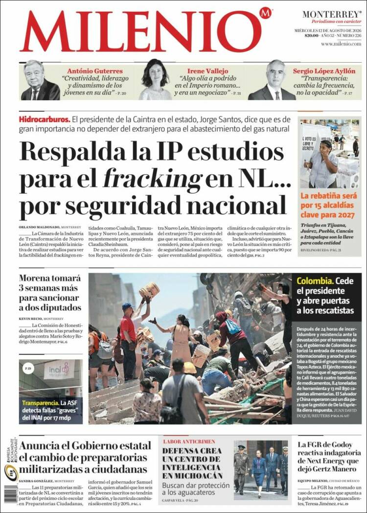 Portada de Milenio de Monterrey (México)
