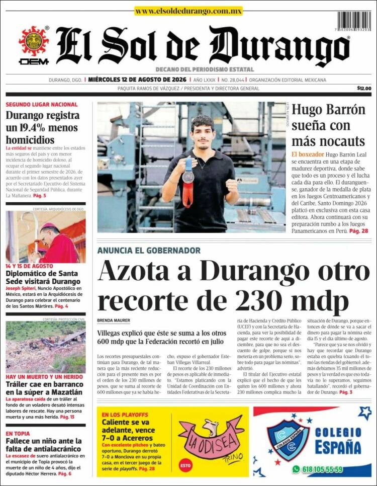 Portada de El Sol de Durango (México)