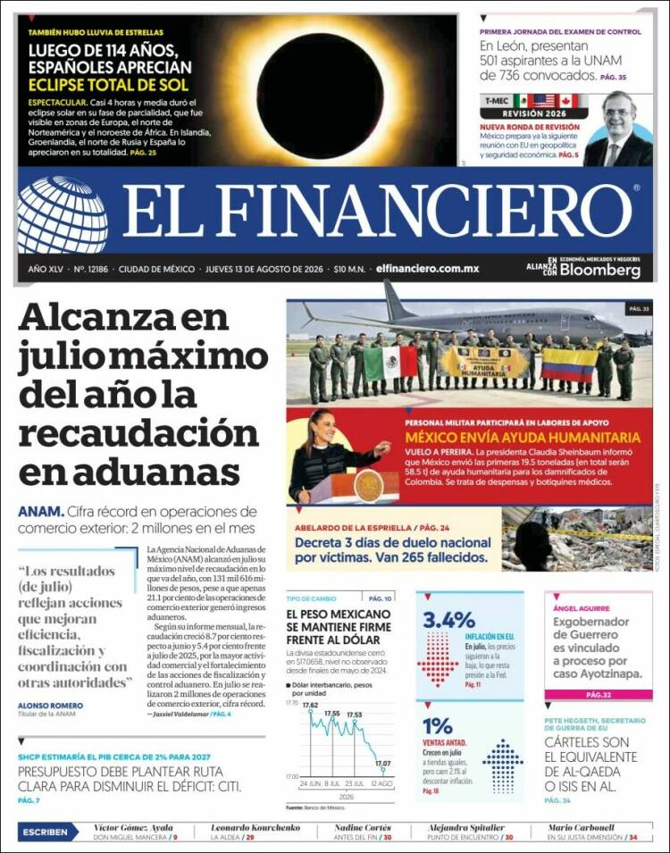 Portada de El Financiero (México)
