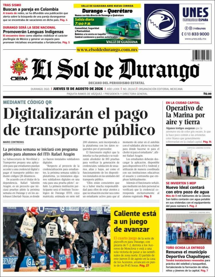 Portada de El Sol de Durango (México)