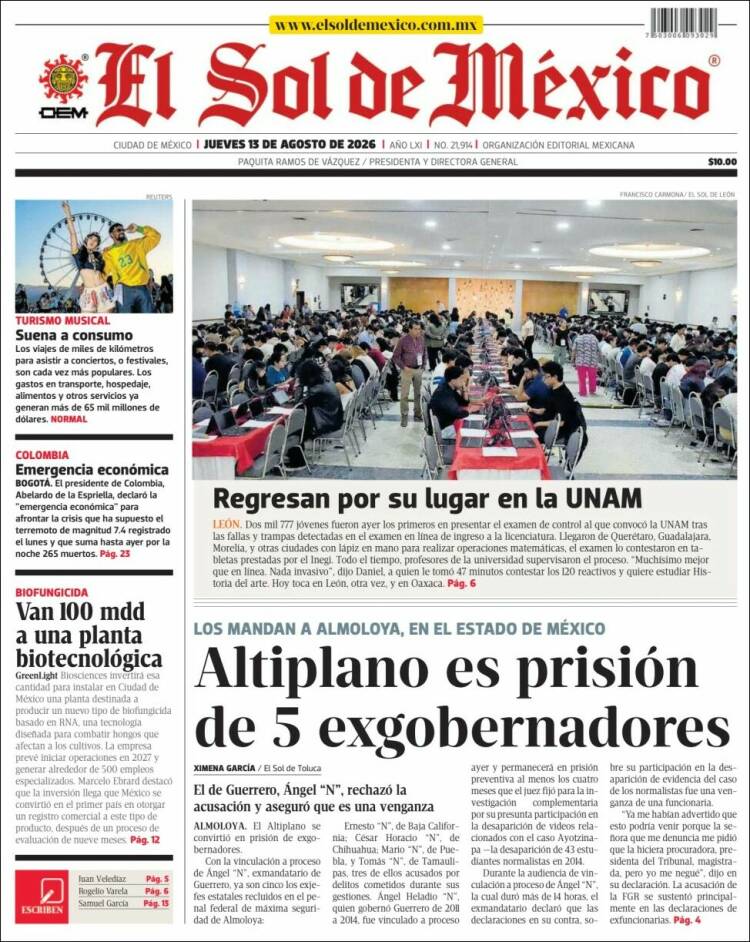 Portada de El Sol de México (México)