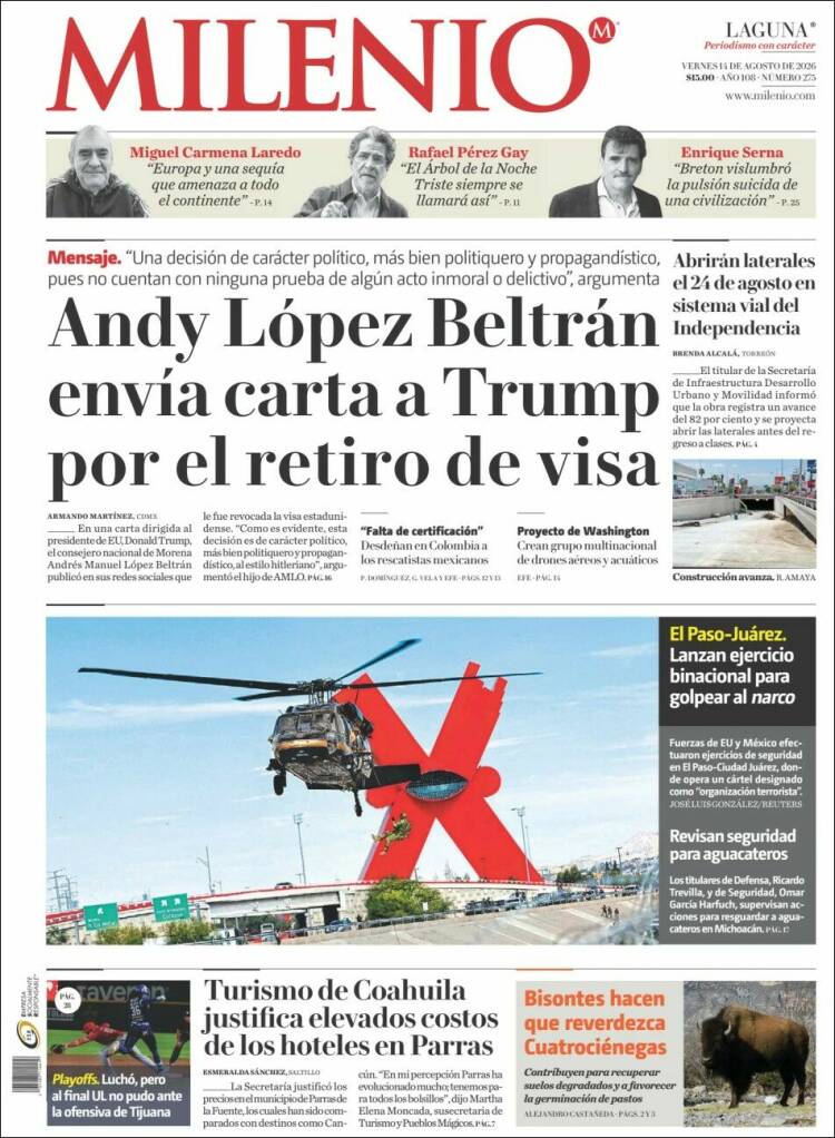 Portada de Milenio - Laguna (México)