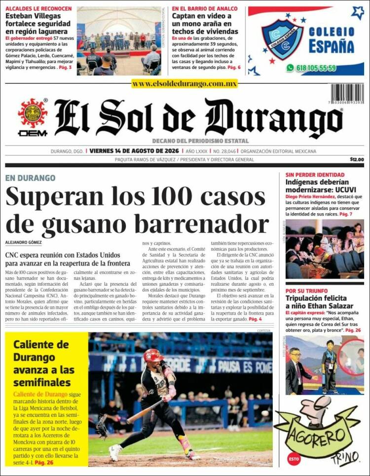 Portada de El Sol de Durango (México)