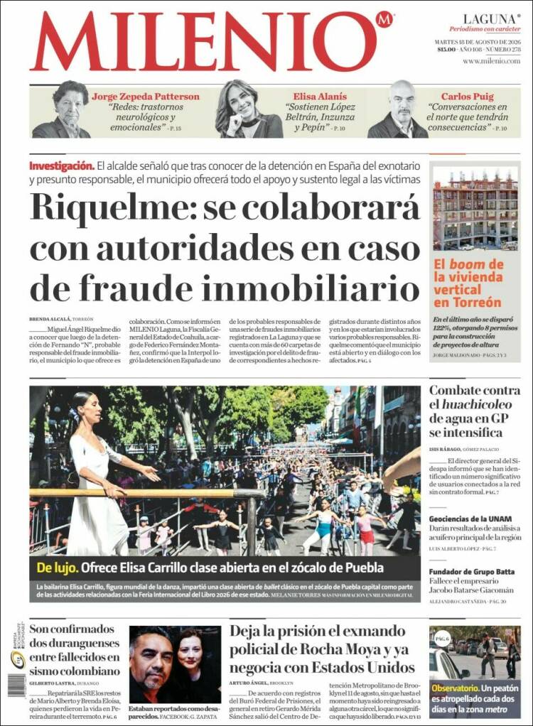Portada de Milenio - Laguna (México)